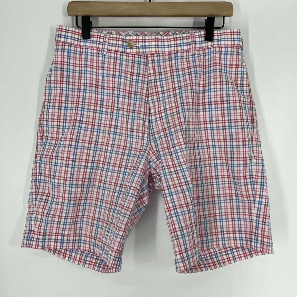 Peter Millar Shorts Size 32 Mens Pink White Blue Plaid Preppy Beach Old Money